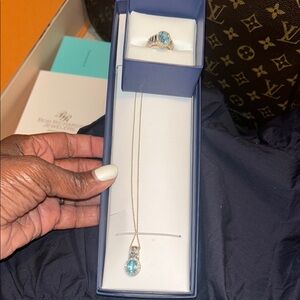 Elegant Blue and Silver Diamond Necklace and Ring Set